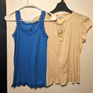 Two Calvin Klein Women's Tops (Blue Cami, Cream Cap-Sleeved Ribbon Tie), Medium